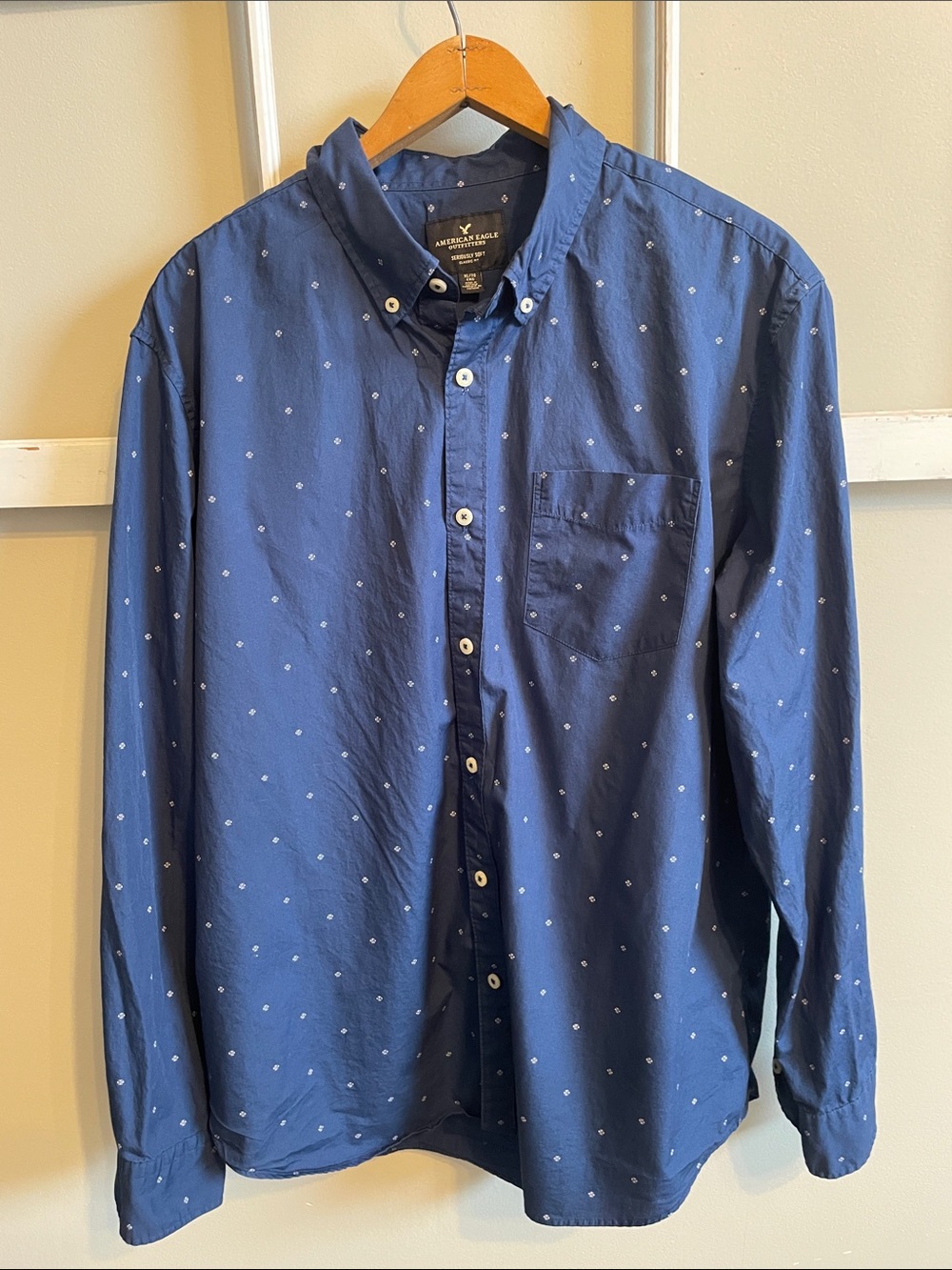 American Eagle Outfitters Navy Button-Down Shirt with Small White Dot Print